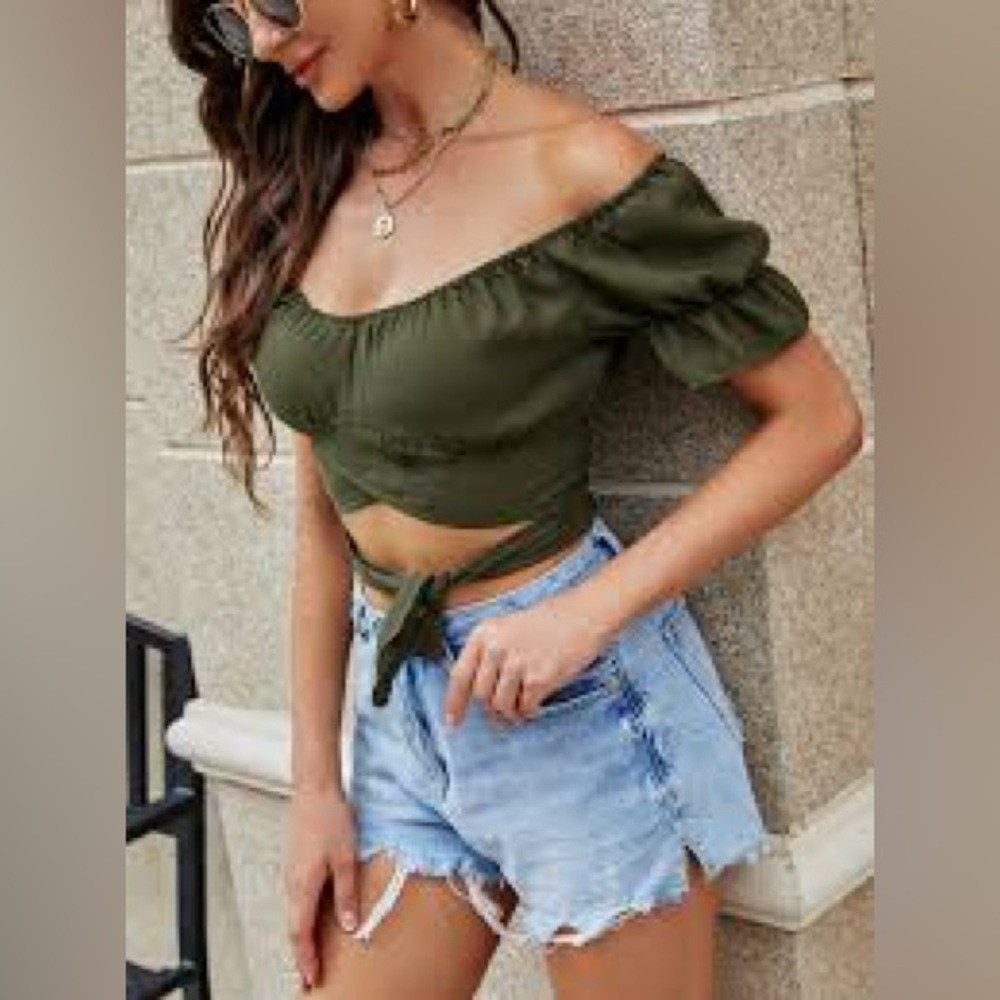 SHEIN Dark Green Puff Sleeve Tie Front Blouse. Item # 11342